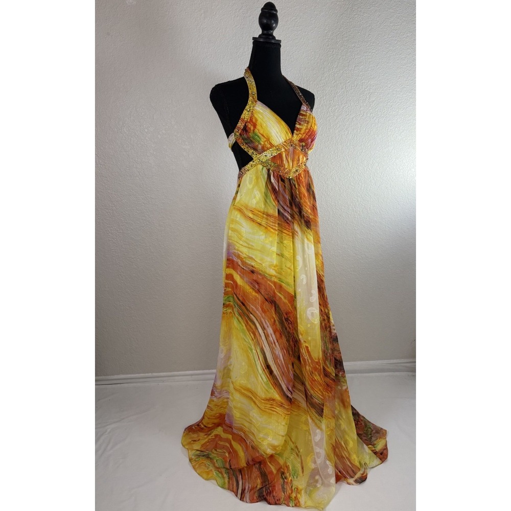 B Darlin Prom Dress Size 5/6 Maxi Dress Y2K Sparkly Halter Summer Yellow Sunset